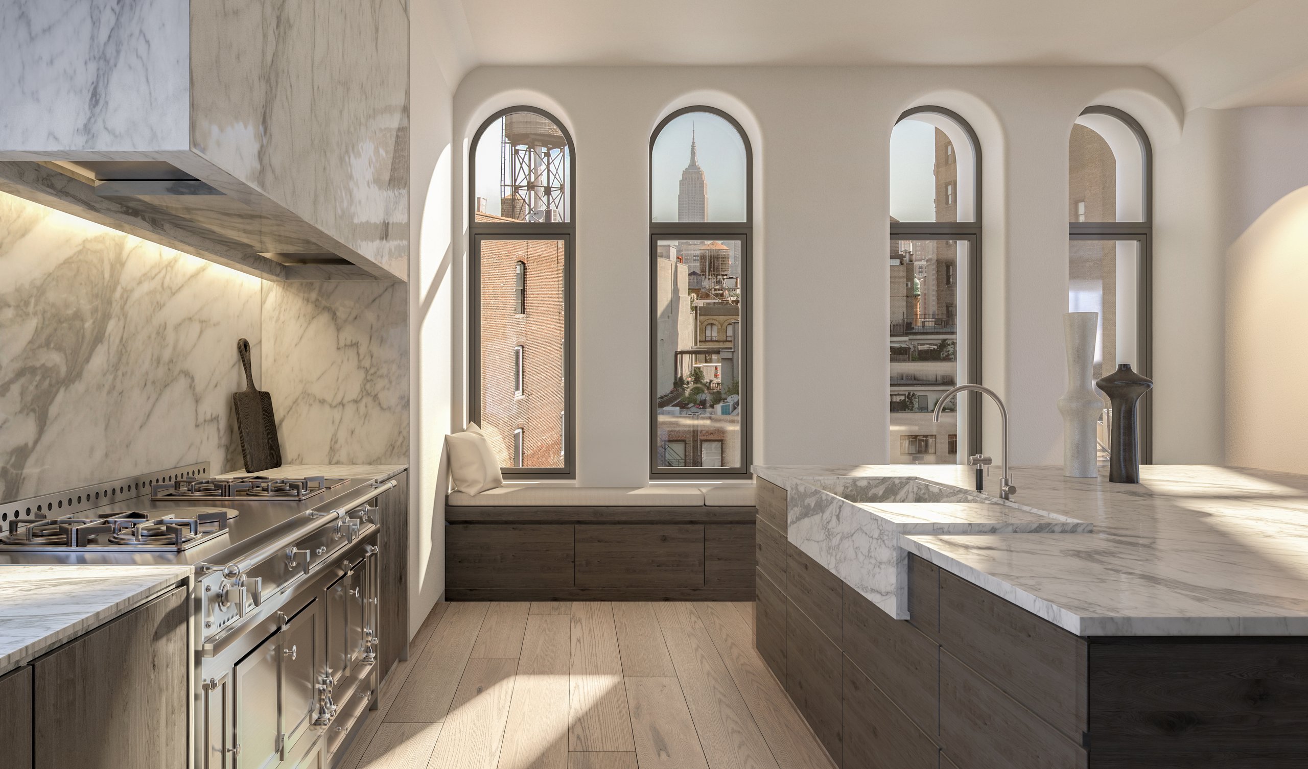 Luxury kitchen with white marble countertop and island by IPA Stone