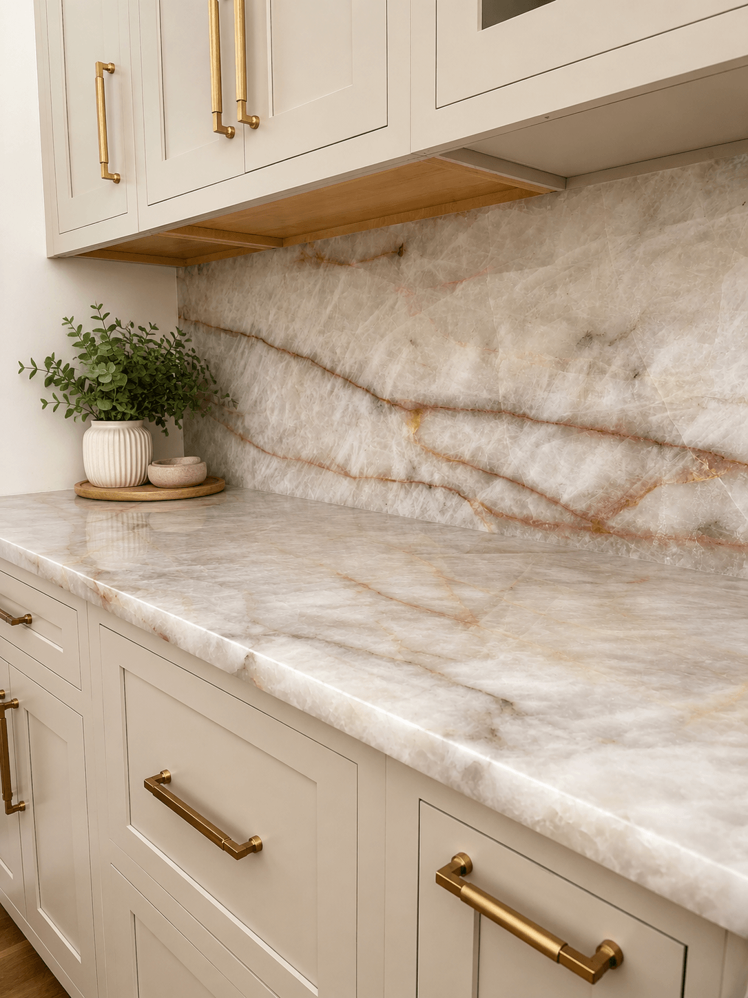 Cristallo Fire backsplash and counter corner with potted greenery
