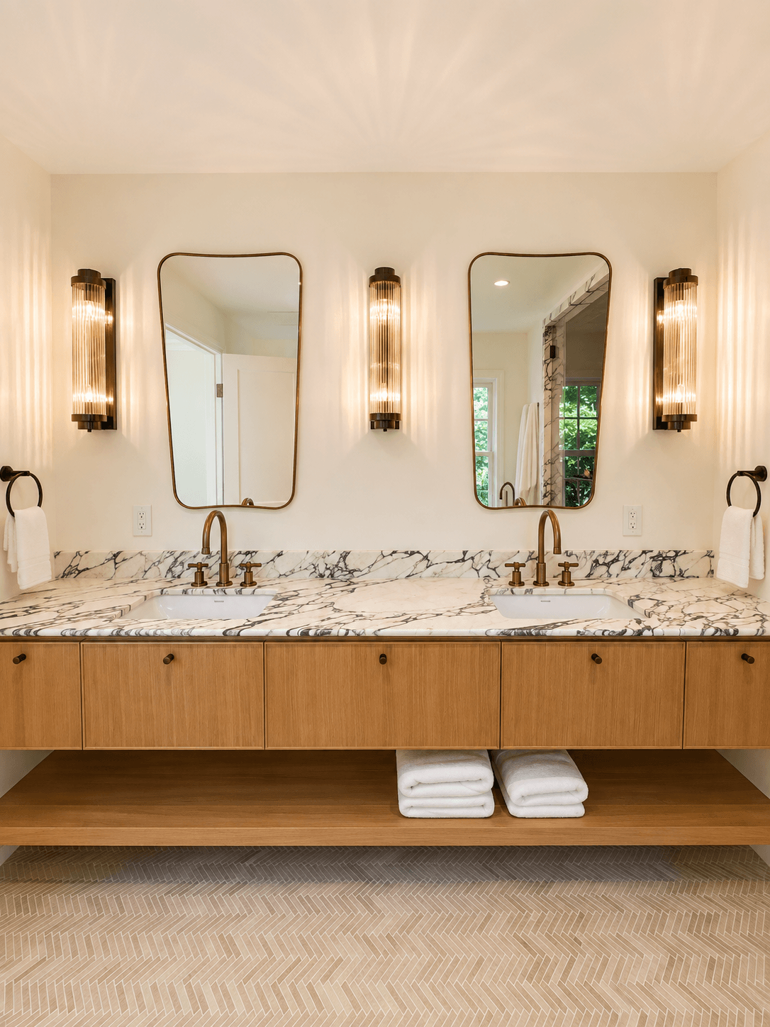 Double vanity with Viola Marble backsplash and brass fixtures