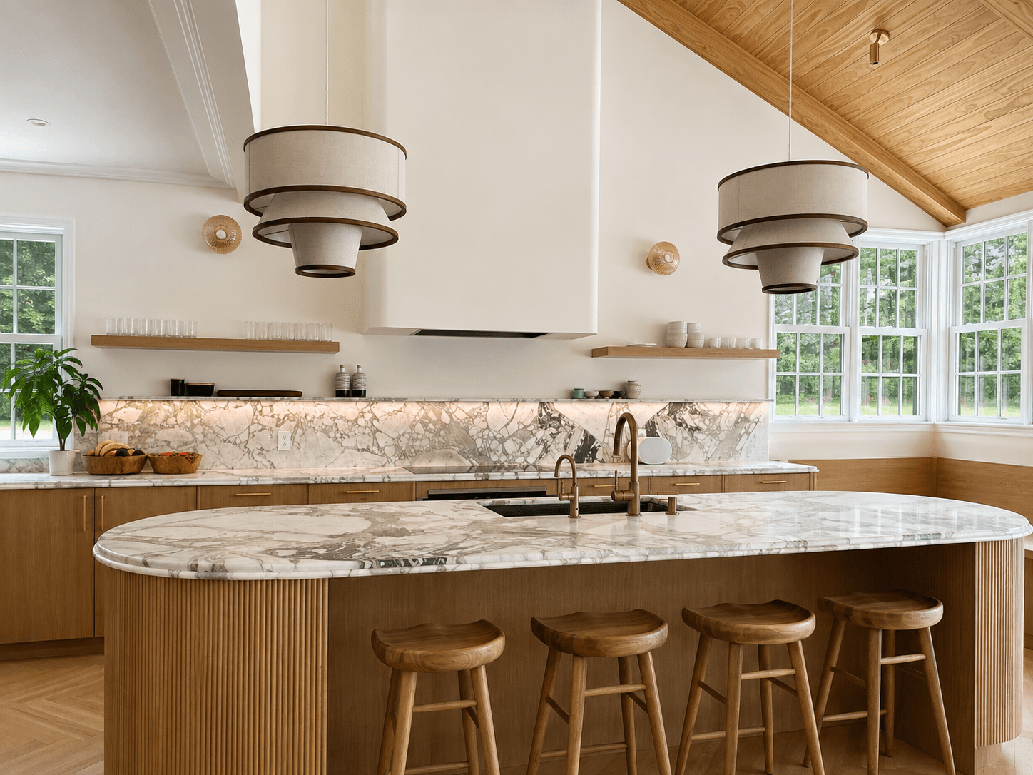 Rhinebeck kitchen island with backlit Viola Verde backsplash and floating shelves