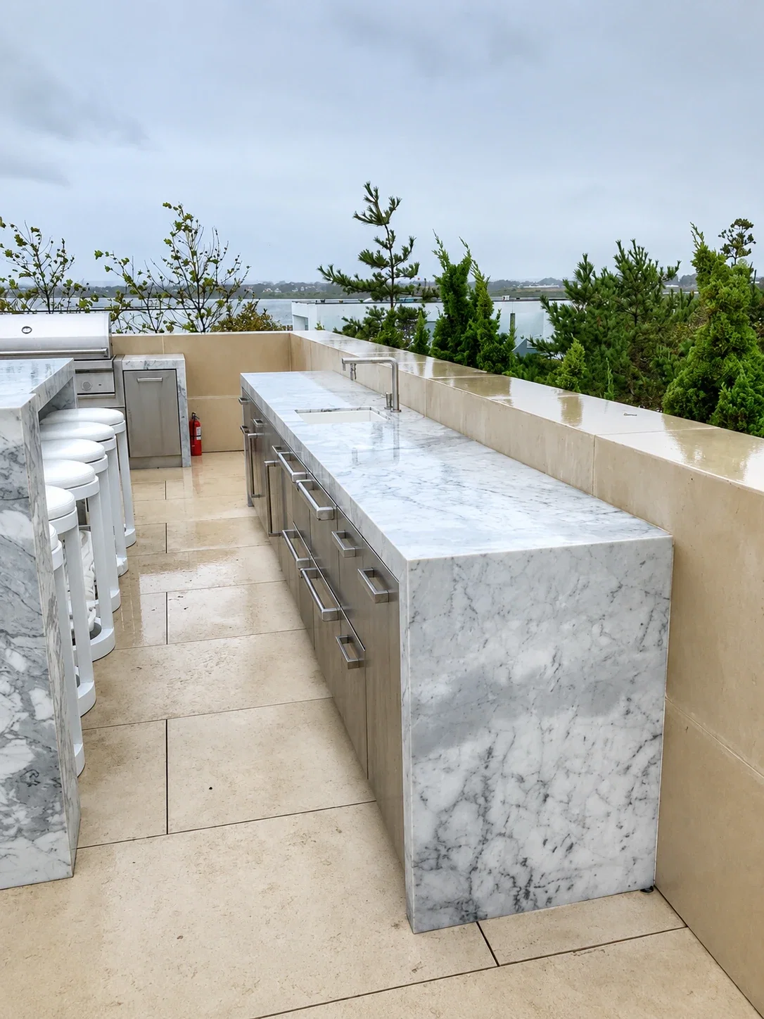 Calacatta Turquoise exterior countertop with waterfall edge