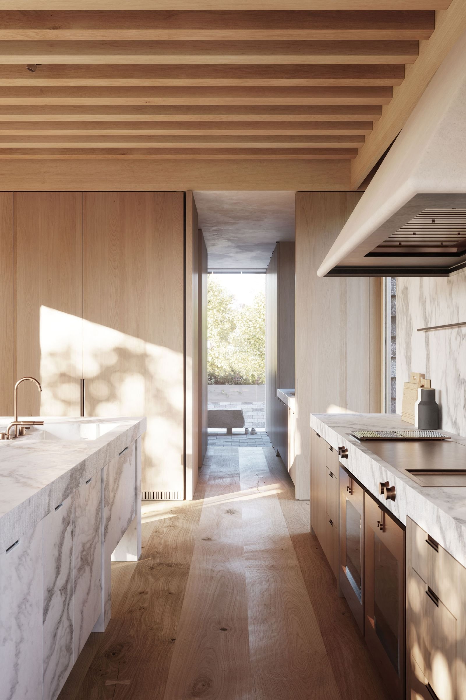 Honed Danby counter and integrated sink along the galley