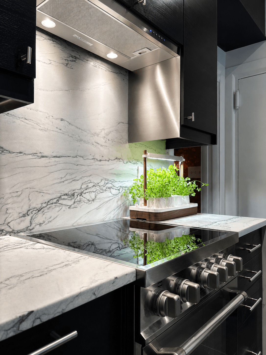 Countertop and backsplash detail beside the range