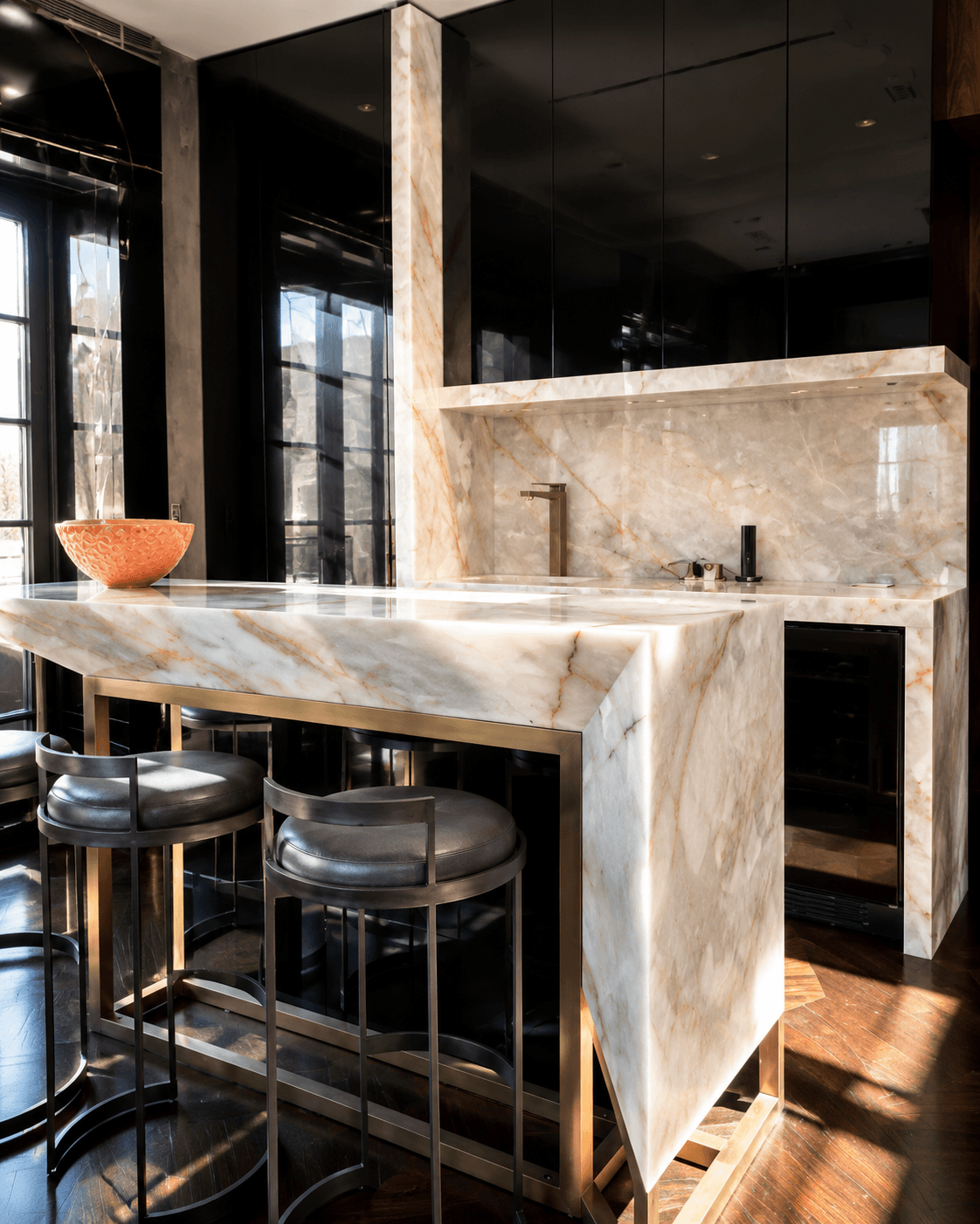 Lumix Quartzite back wall slab with integrated sink and floating shelf