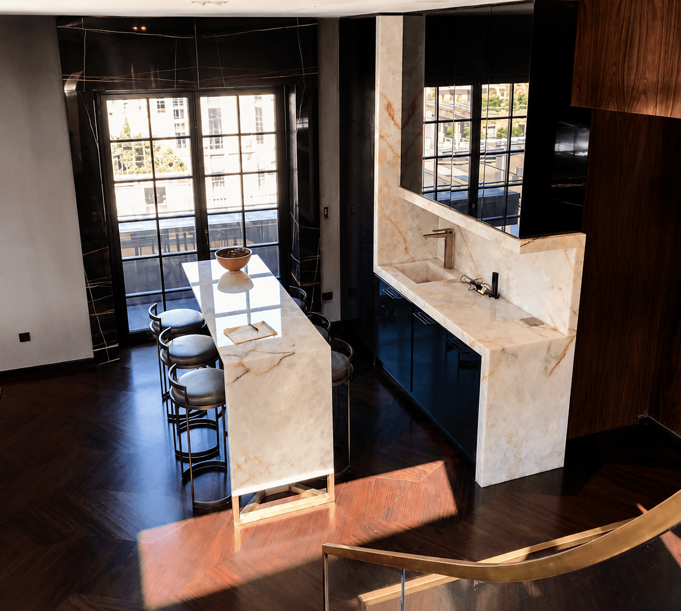 Elevated view of the Lumix Quartzite bar and back wall counter