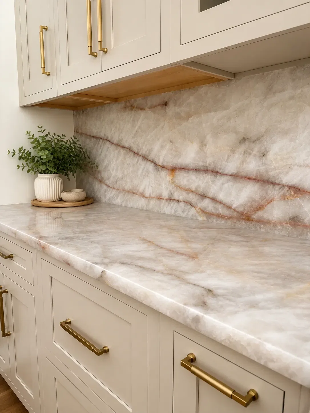 Close-up of a polished natural stone countertop edge profile